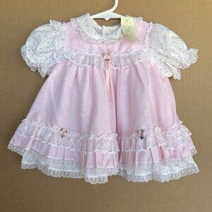 Vintage Permanent Press Baby Dress Pink With Flowers Underdress Ruffles 6-9M